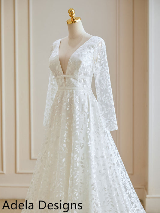 Simple Lace Aline Boho Wedding Dress Long Sleeve Bridal Gown Deep V Neckline Illusion Sleeves All Over Lace Design Open Back Sexy Style