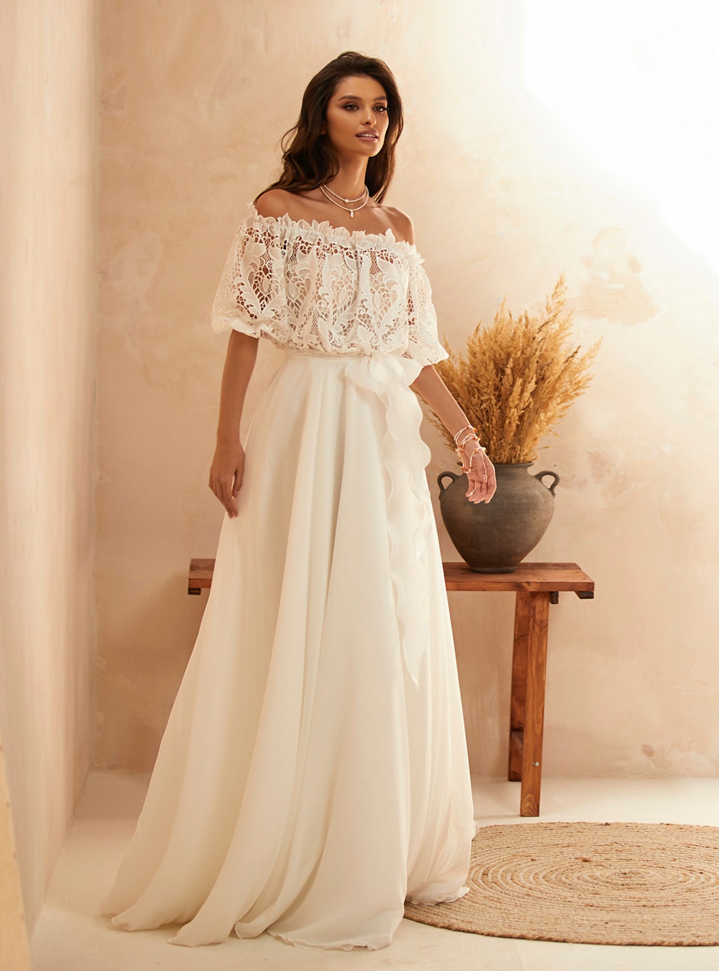 Beautiful Boho Wedding Dress Lace Bodice Off the Shoulder Bridal Gown Aline Silhouette Chiffon Skirt Summer Wedding Design Short Sleeves