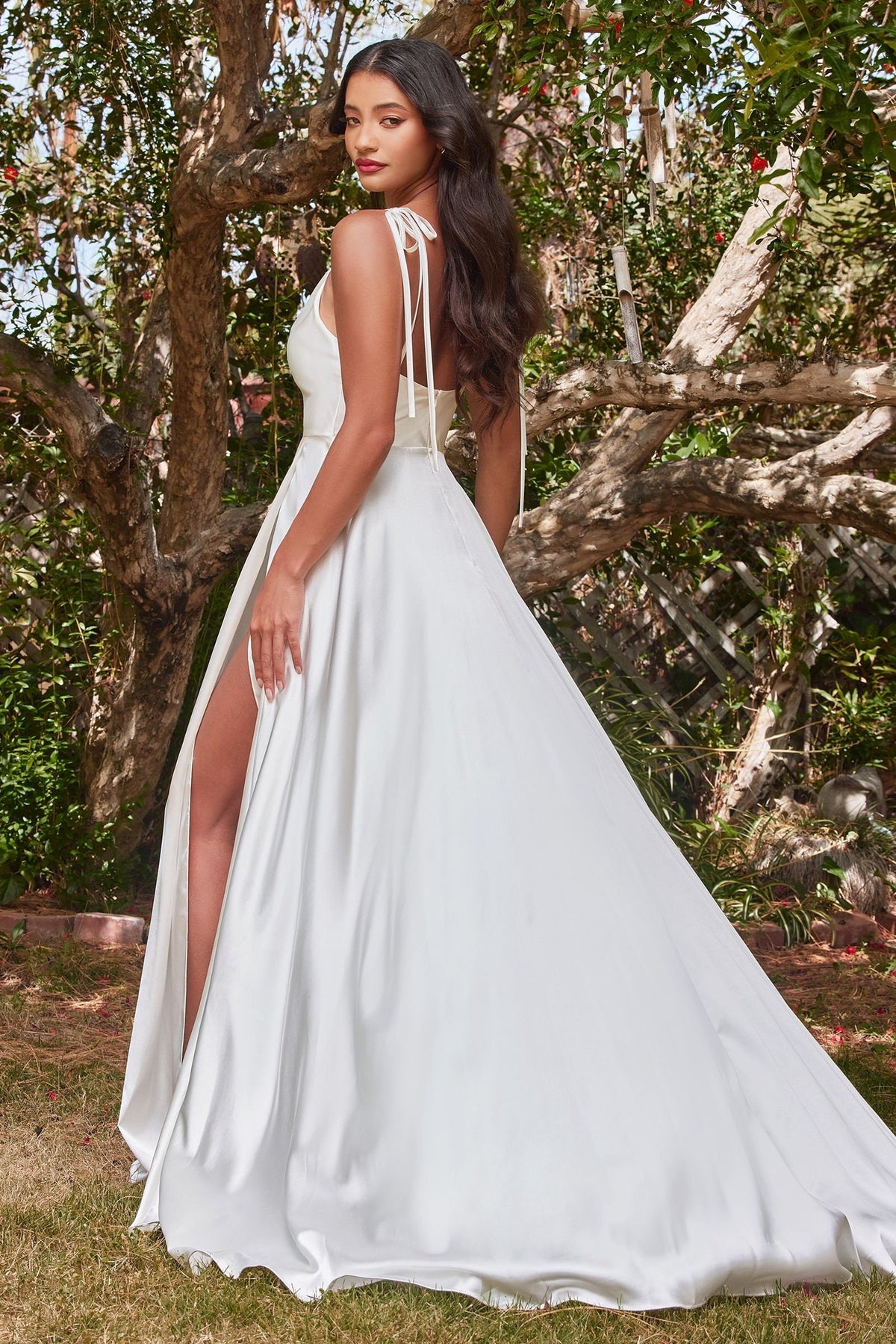 Ravishing Erika Cowl Aline Satin Wedding Dress Sleeveless Bridal Gown Tie Shoulder Leg Slit Rehearsal Dinner Elopement Beach Wedding Dress
