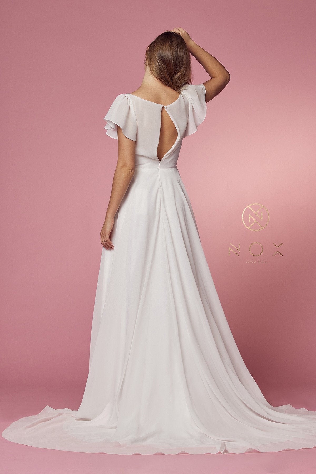 Elegant Cross V Neck Cutout Short Flutter Sleeves Wedding Dress Aline Bridal Gown Chiffon Flowing Skirt Waist Pleats Short Train Gown Sz 20