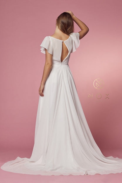 Elegant Cross V Neck Cutout Short Flutter Sleeves Wedding Dress Aline Bridal Gown Chiffon Flowing Skirt Waist Pleats Short Train Gown Sz 20