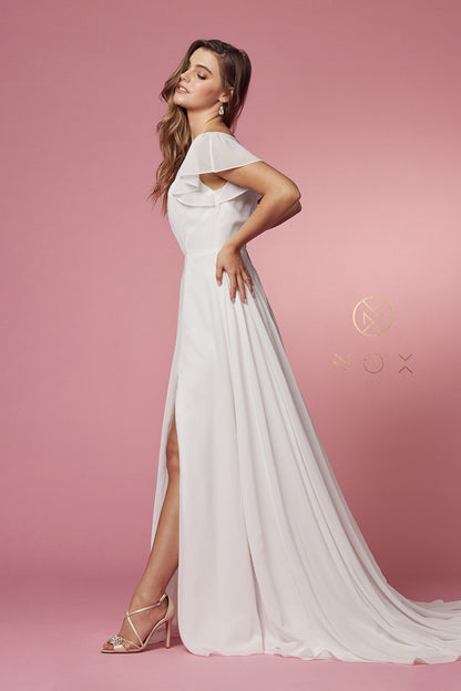 Elegant Cross V Neck Cutout Short Flutter Sleeves Wedding Dress Aline Bridal Gown Chiffon Flowing Skirt Waist Pleats Short Train Gown Sz 20