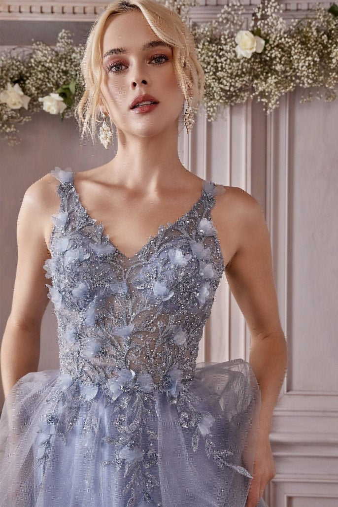 Whimsical A-line Gown Sleeveless V Neck 3D Flowers Open Back Sparkle Dress Prom Gala Wedding Dress Black Blue Champagne Blush Mauve Emerald