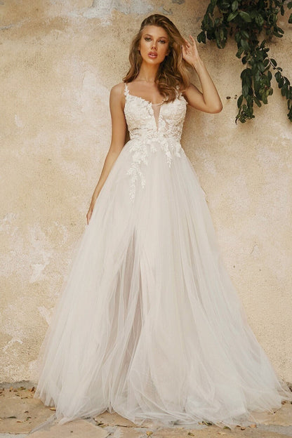 Classic Simple A-Line Sleeveless with Straps Layered Tulle Wedding Dress Bridal Gown Sexy Plunge Split Neckline Open Back Beach Style Design