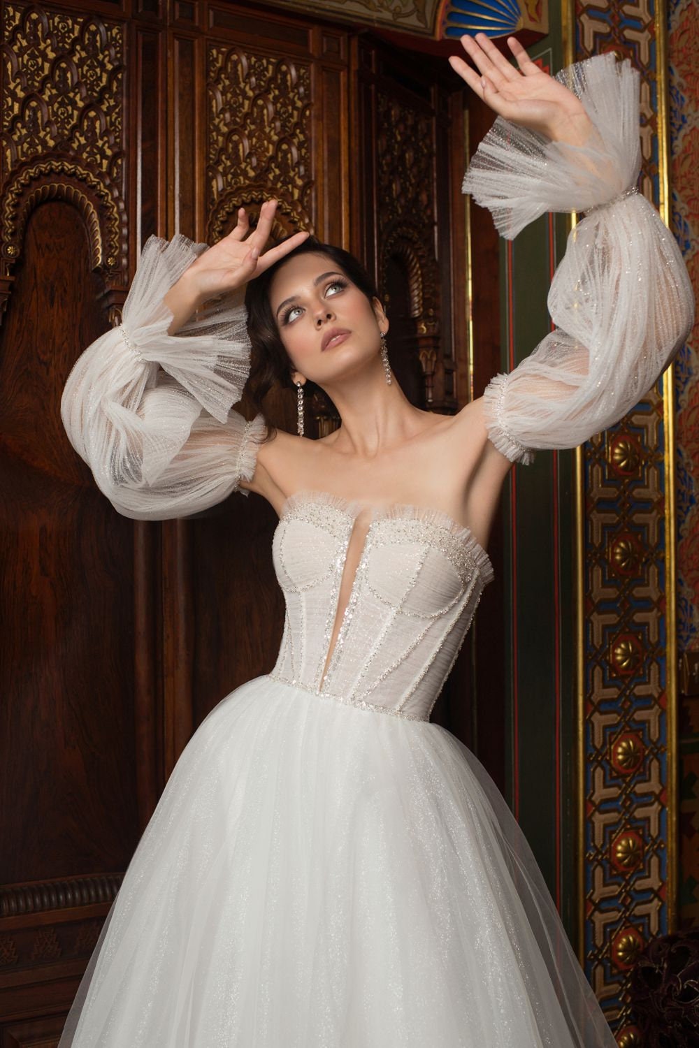 Sparkle Sleeveless Strapless Aline Wedding Dress | Split Neckline Bridal Gown | Unique Puff Sleeves | Short Train | Backless | Bustier Top