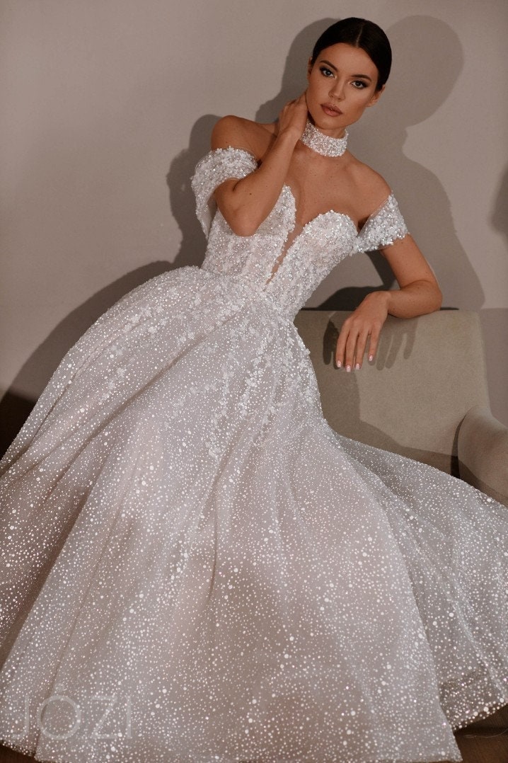 Off The Shoulder Plunging V Neckline Open Back Aline Glitter Sparkle Wedding Dress Bridal Gown Light Catching Unique Design Sexy with Train