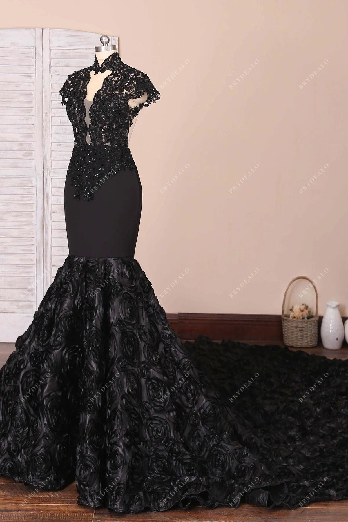 Black Beaded Lace Cap Sleeve Wedding Dress 3D Rosette Train Bridal Gown Unique Design Gothic Queen Sexy Plunging Neckline Open Back Collar
