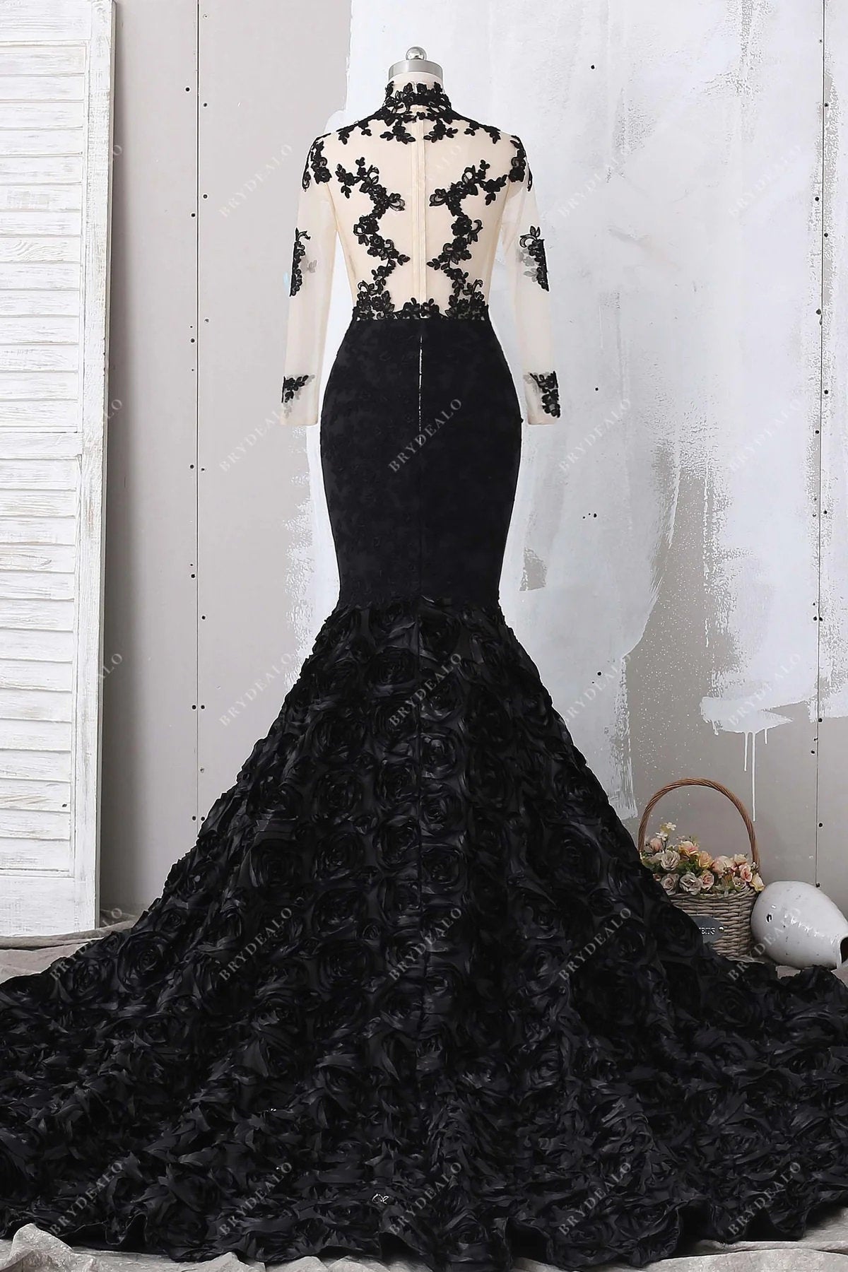 Black Illusion Sheer Lace Long Sleeve Wedding Dress 3D Rosette Train Bridal Gown Unique Design Gothic Queen Sexy Plunging Neckline Mermaid