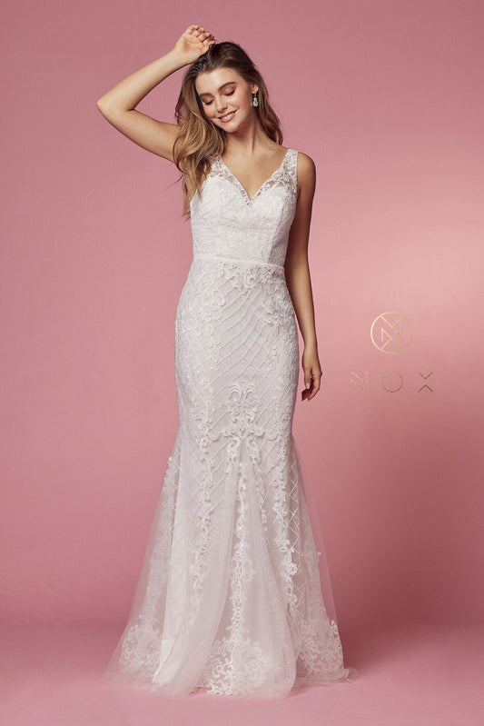 Embroidered-Bodice Long Mermaid Wedding Dress Sleeveless Bridal Size 16 Gown Sweep Train Open V Back Deep V Neckline Embroidery Lace