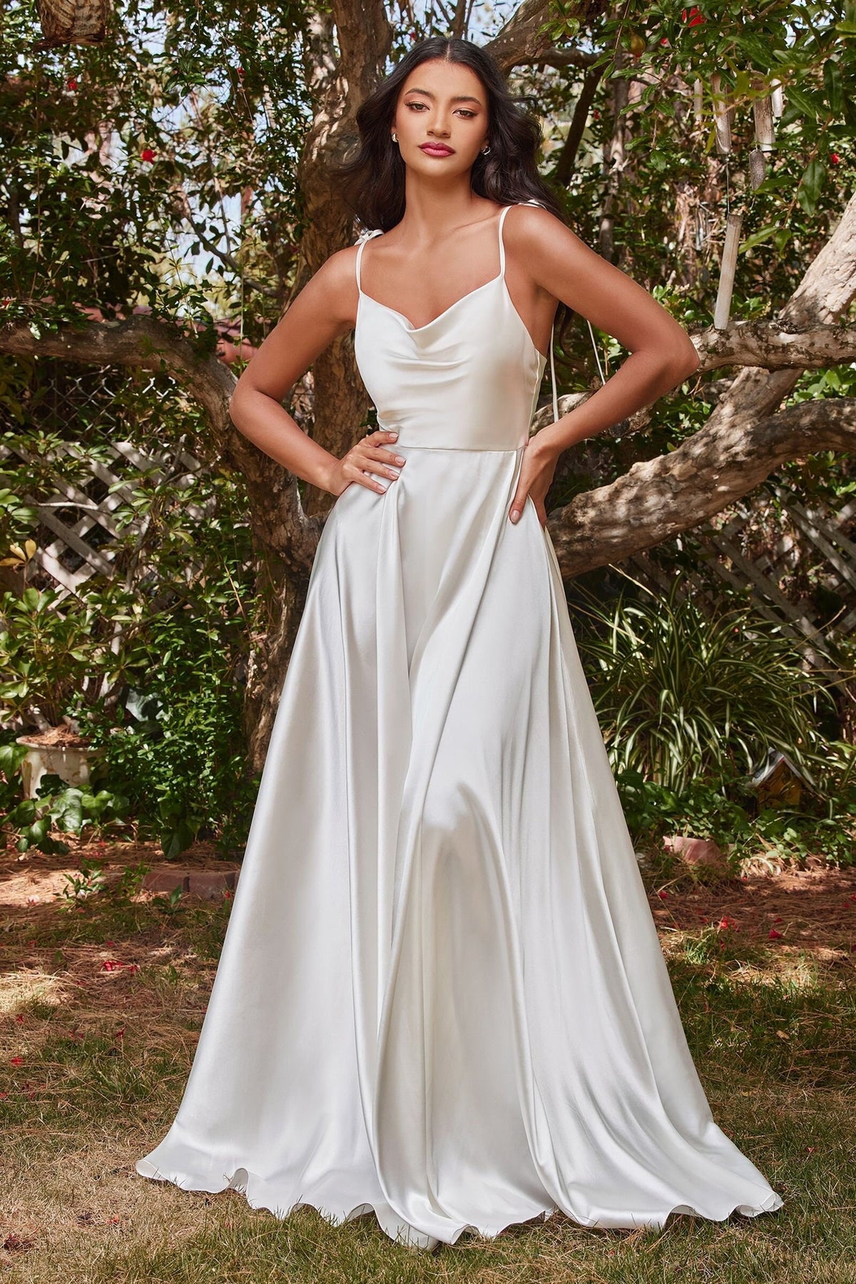 Ravishing Erika Cowl Aline Satin Wedding Dress Sleeveless Bridal Gown Tie Shoulder Leg Slit Rehearsal Dinner Elopement Beach Wedding Dress