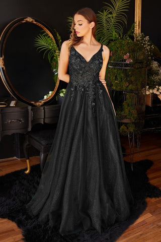 Whimsical A-line Gown Sleeveless V Neck 3D Flowers Open Back Sparkle Dress Prom Gala Wedding Dress Black Blue Champagne Blush Mauve Emerald
