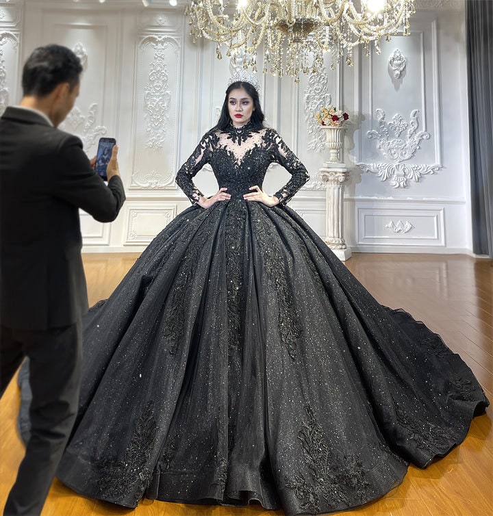 Luxury Black Long Sleeve Lace Appliques Wedding Dress Bridal Gown Full Ball Gown Long Cathedral Train Full Dress High Illusion Collar