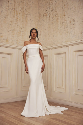 Simply Stunning Off The Shoulder Straight Neckline Wedding Dress Sheath Bridal Gown Backless Design Minimalist Style Detachable Bow Train