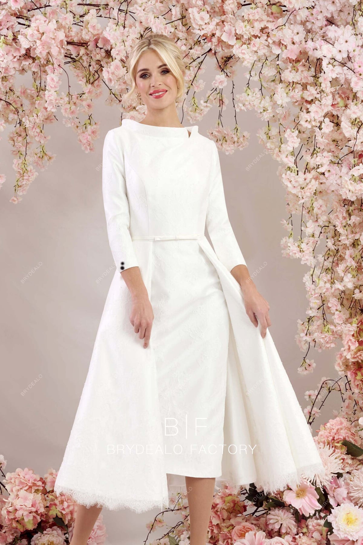 Demure Vintage Lace Tea Length Wedding Dress Timeless Design Aline Skirt Bridal Gown with Pockets Elopement Modern Style Modest Design