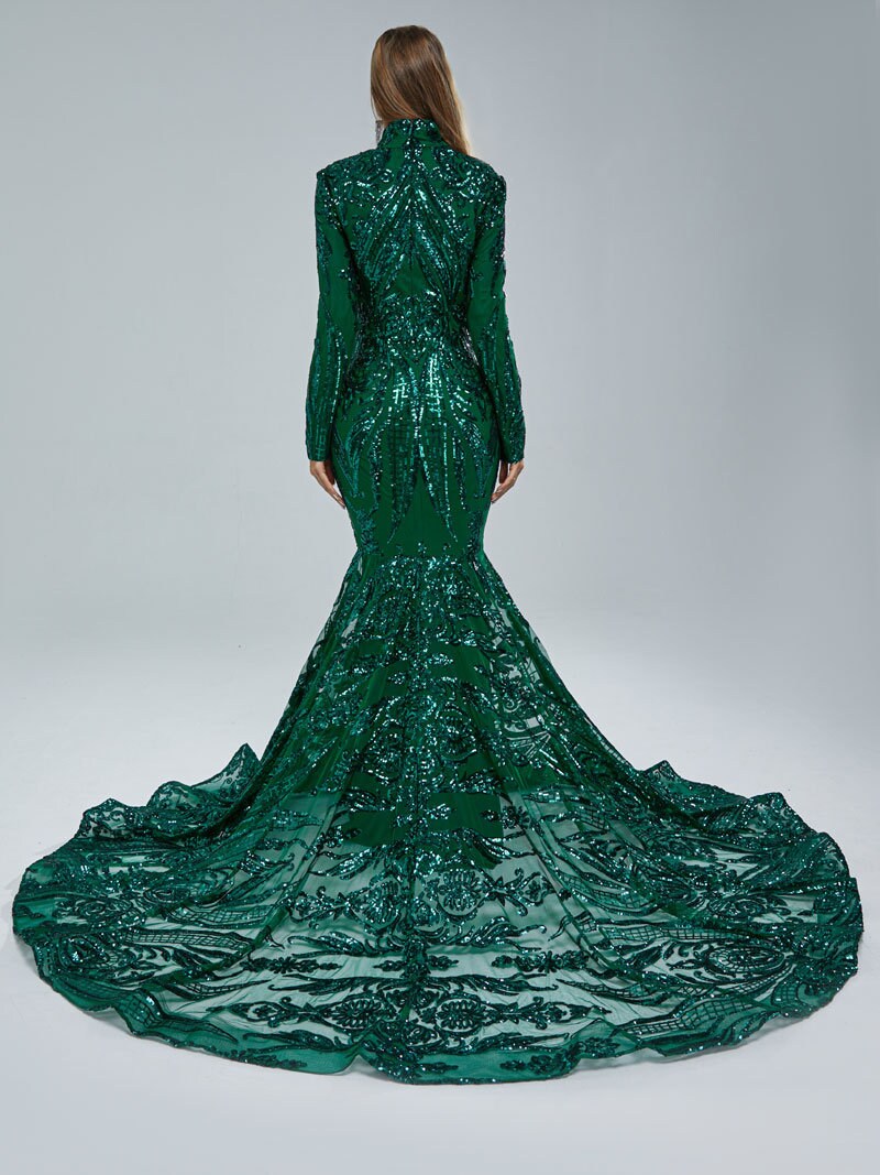 Emerald Green Sexy Fitted Mermaid Wedding Dress Bridal Gown Long Sleeve High Collar Plunge Neckline Closed Covered Back Sequin Fabric