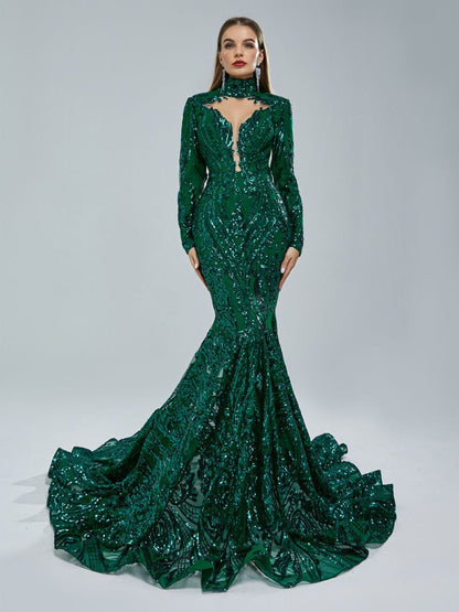 Emerald Green Sexy Fitted Mermaid Wedding Dress Bridal Gown Long Sleeve High Collar Plunge Neckline Closed Covered Back Sequin Fabric