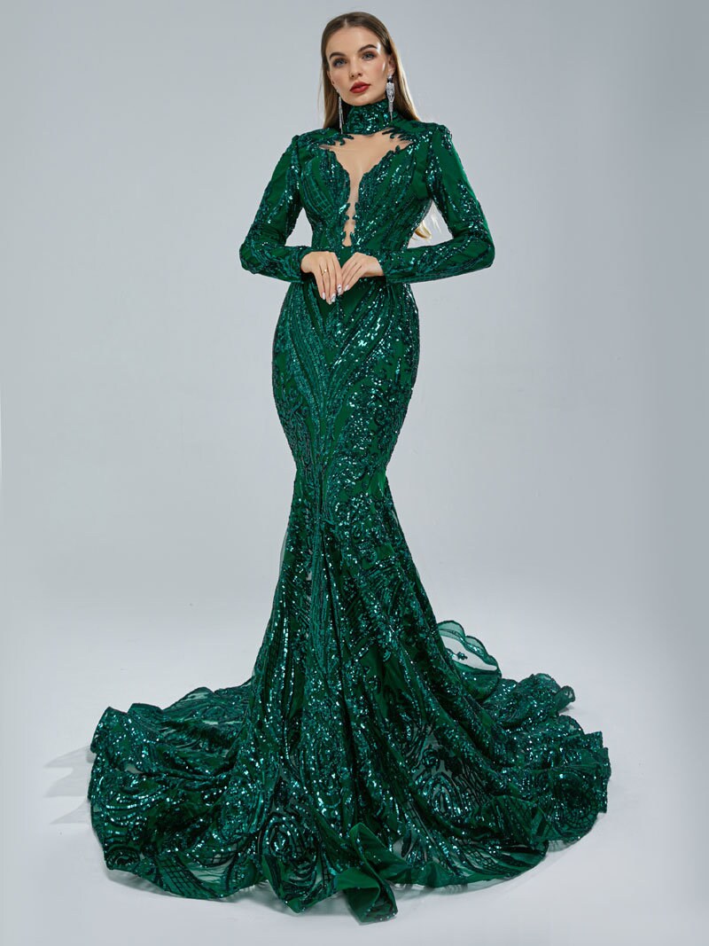 Emerald Green Sexy Fitted Mermaid Wedding Dress Bridal Gown Long Sleeve High Collar Plunge Neckline Closed Covered Back Sequin Fabric