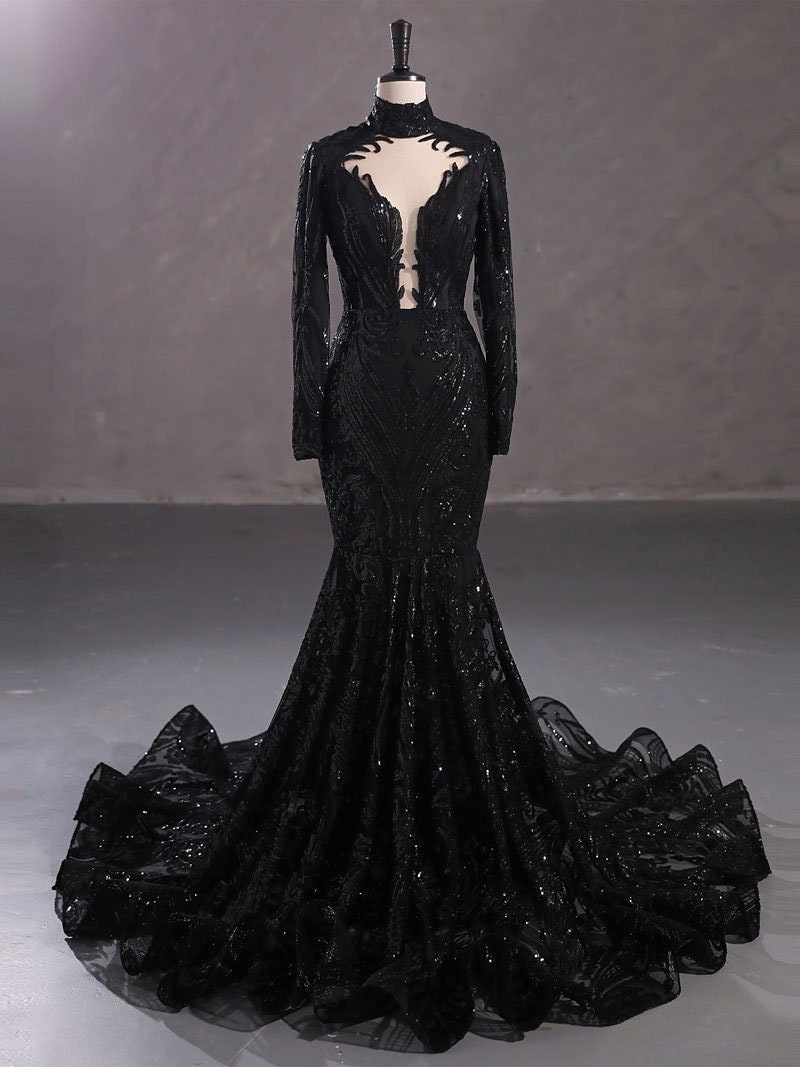 Tish Gothic Wedding Dress Black Sequin Lace Mermaid Gown with High Neck A & M Enterprises Bridal Tish Gothic Wedding Dress Black Sequin Lace Mermaid Gown with High Neck A & M Enterprises Bridal