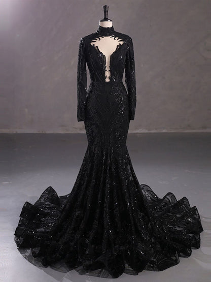Tish Gothic Wedding Dress Black Sequin Lace Mermaid Gown with High Neck A & M Enterprises Bridal Tish Gothic Wedding Dress Black Sequin Lace Mermaid Gown with High Neck A & M Enterprises Bridal