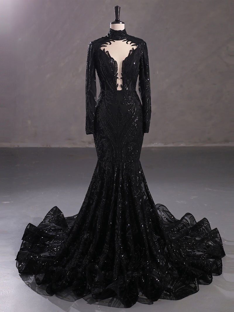 Gothic Black Sexy Fitted Mermaid Wedding Dress Bridal Gown Long Sleeve High Collar Plunge Neckline Closed Covered Back Sequin Fabric