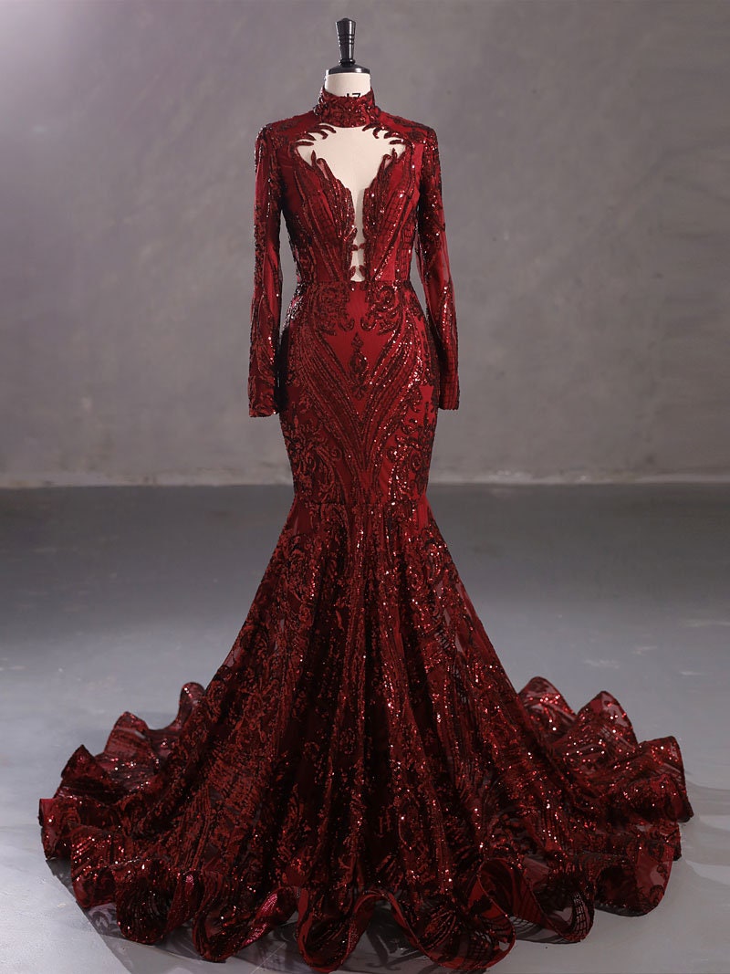Red Burgundy Orange Sexy Fitted Mermaid Wedding Dress Bridal Gown Long Sleeve High Collar Plunge Neckline Closed Covered Back Sequin Fabric