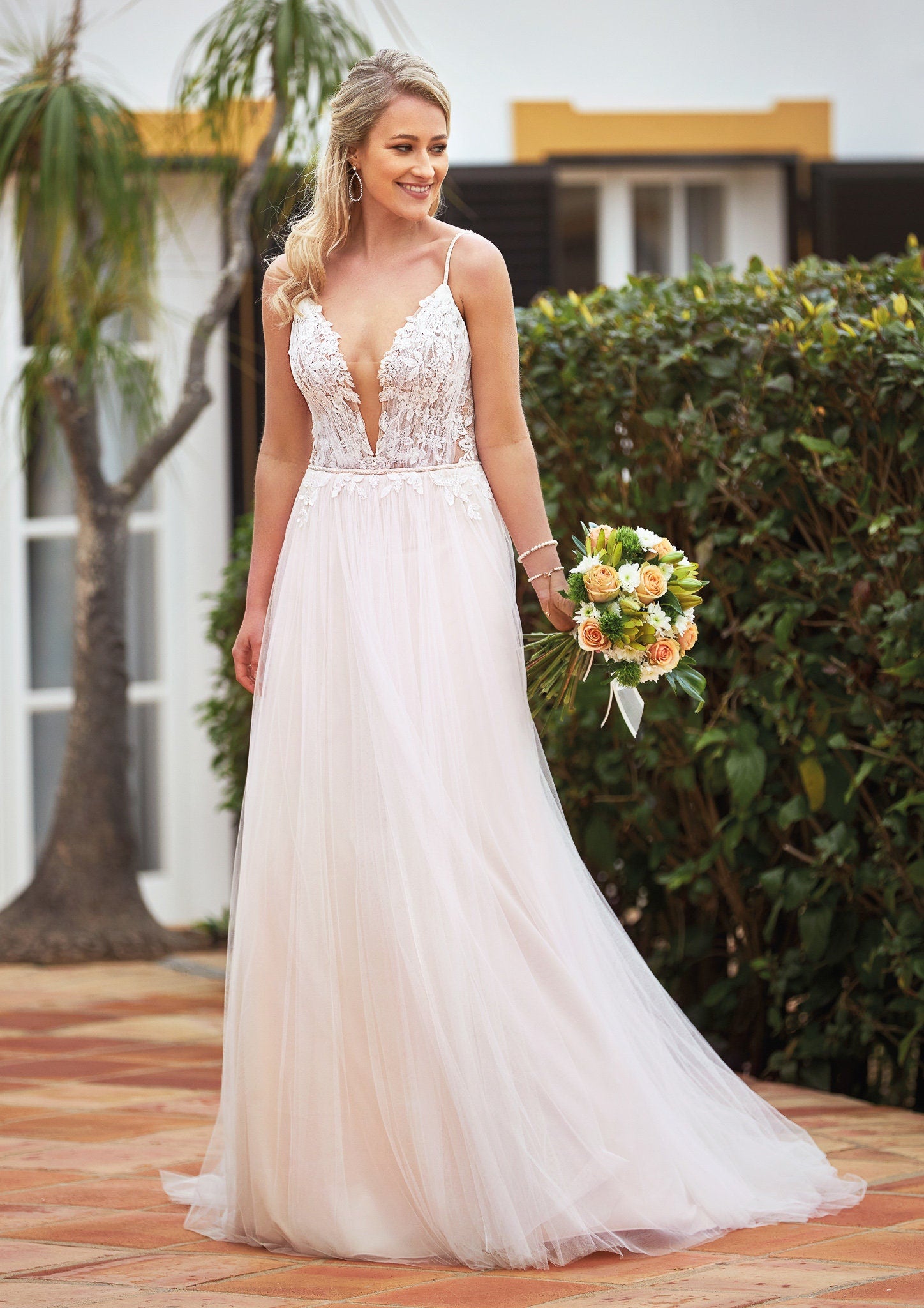 Gorgeous Feminine Champagne Aline Wedding Dress Deep V Neckline Floral Lace Details Bridal Gown Open Lace Up Back Romantic Skirt Sleeveless