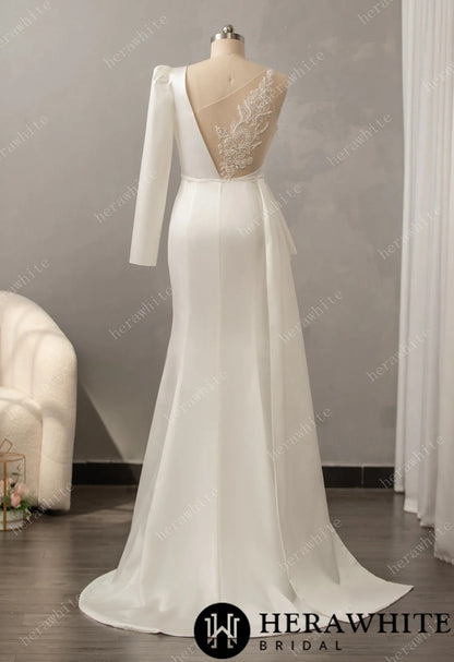 Modern Dress Soft Satin Fabric, Long Sleeve, One Shoulder, Wedding Dress Bridal Gown Sweetheart Neckline Beaded Illusion Back Fit and Flare