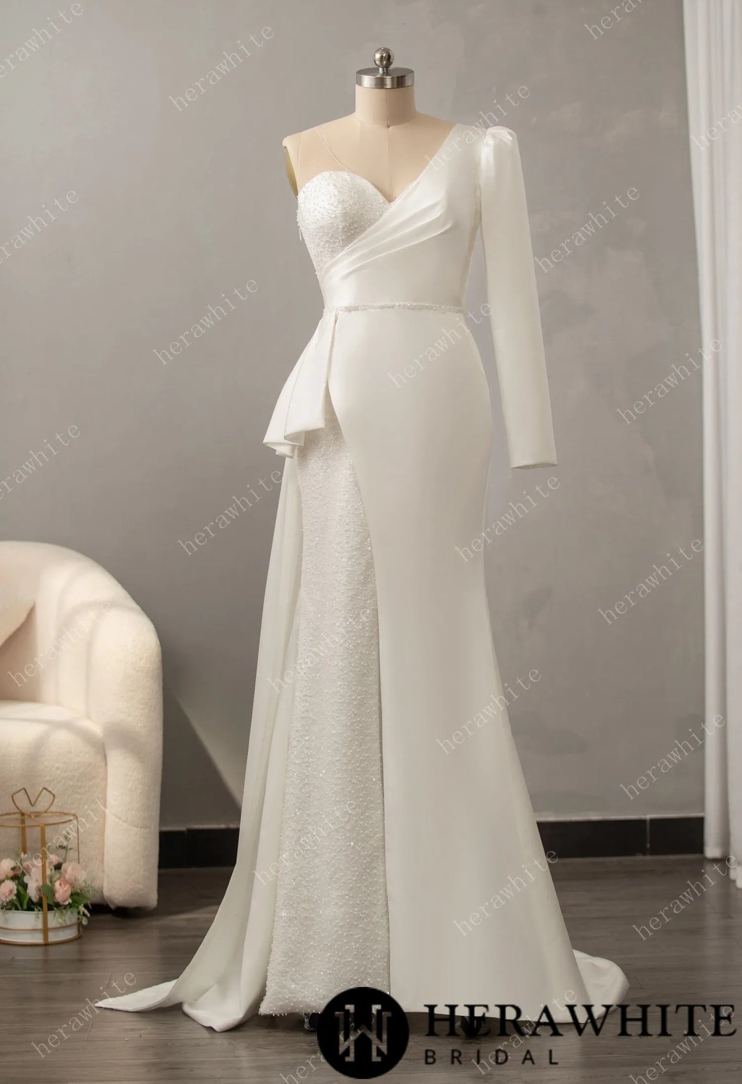 Modern Dress Soft Satin Fabric, Long Sleeve, One Shoulder, Wedding Dress Bridal Gown Sweetheart Neckline Beaded Illusion Back Fit and Flare