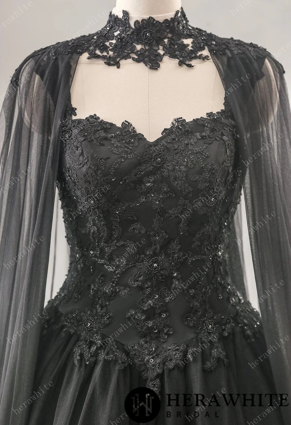Gothic Black Modern Wedding Dress Sleeveless Bridal Gown Aline Sweetheart Neckline Corset Lace Up Back Wide Straps Detachable Cape