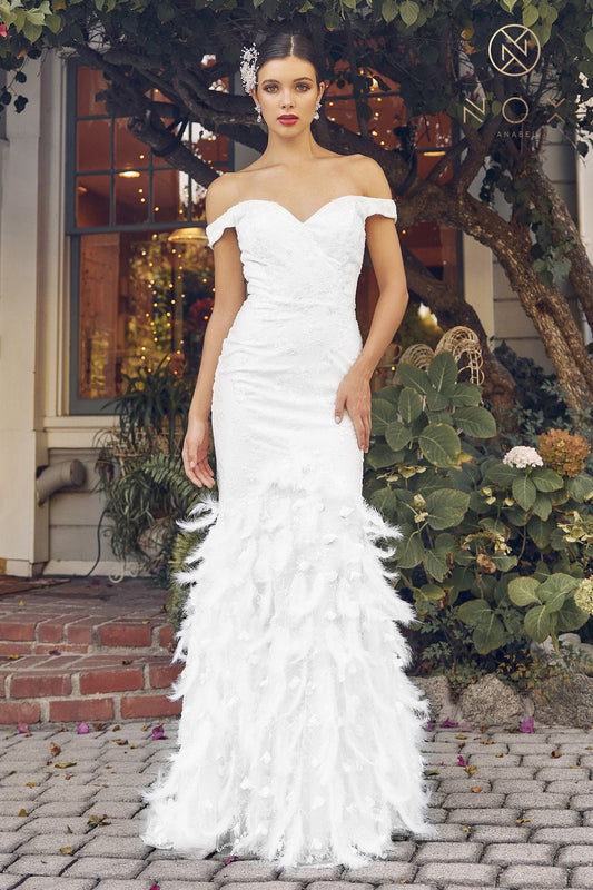 Beaded Off-Shoulder Sheath Bridal Gown with Feather Accents V Neckline Open Back Short Train Wedding Dress White Lace