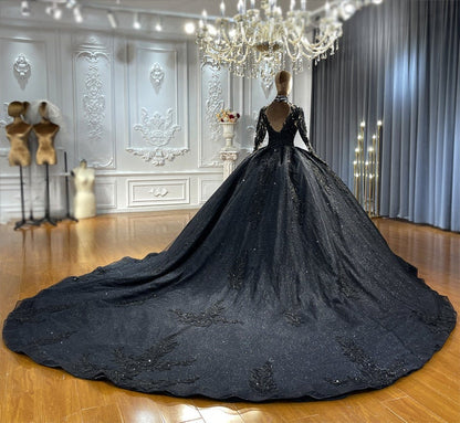 Luxury Black Long Sleeve Lace Appliques Wedding Dress Bridal Gown Full Ball Gown Long Cathedral Train Full Dress High Illusion Collar