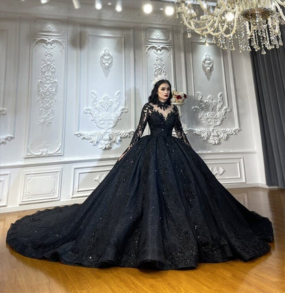 Luxury Black Long Sleeve Lace Appliques Wedding Dress Bridal Gown Full Ball Gown Long Cathedral Train Full Dress High Illusion Collar