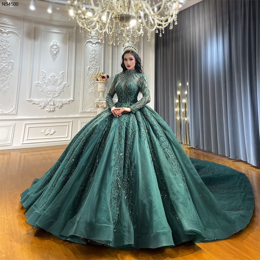 Luxury Emerald Green Long Sleeve Wedding Dress Bridal Gown Full Ball Gown Long Cathedral Train Full Dress High Illusion Collar Open Back