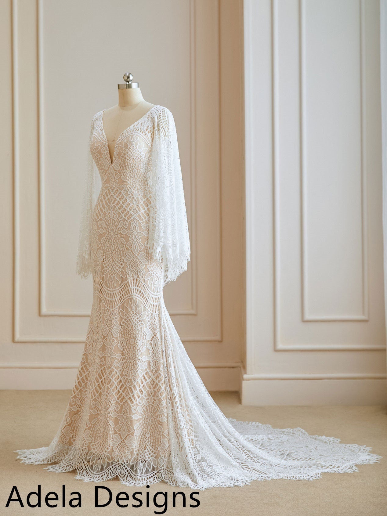 Beatrice Lace Boho Mermaid Wedding Dress | Vintage Flutter Sleeve Bridal Gown by Adela Designs A & M Enterprises Bridal Beatrice Lace Boho Mermaid Wedding Dress | Vintage Flutter Sleeve Bridal Gown by Adela Designs A & M Enterprises Bridal