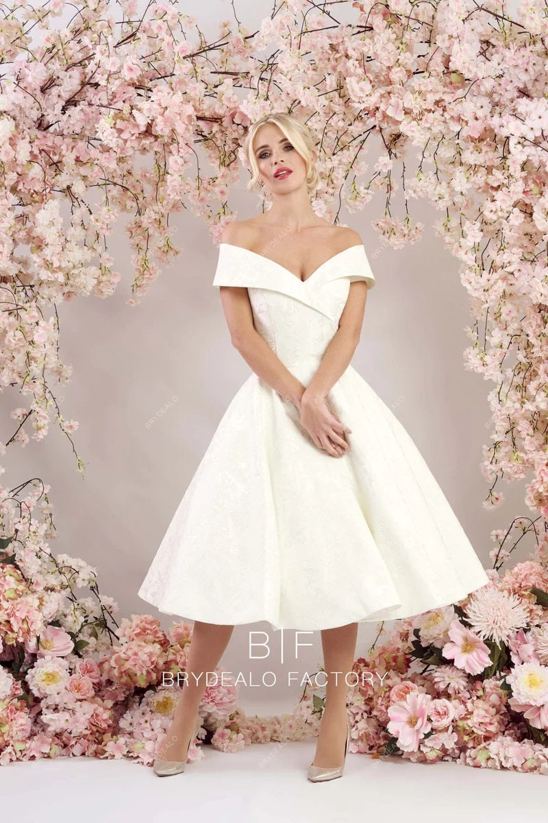 Vintage Off The Shoulder Neckline Short Knee Length Bridal Dress Jacquard Puffy Aline Skirt Wedding Dress Bridal Gown Bardot Neckline