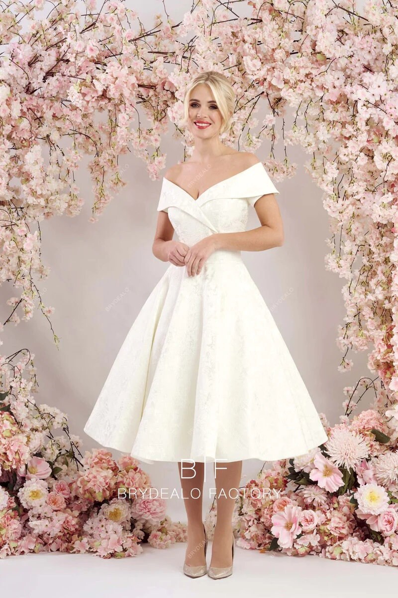 Vintage Off The Shoulder Neckline Short Knee Length Bridal Dress Jacquard Puffy Aline Skirt Wedding Dress Bridal Gown Bardot Neckline