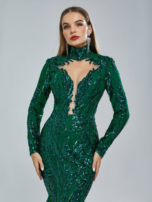 Emerald Green Sexy Fitted Mermaid Wedding Dress Bridal Gown Long Sleeve High Collar Plunge Neckline Closed Covered Back Sequin Fabric