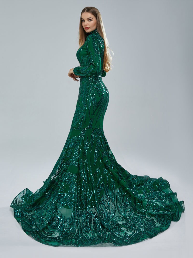 Emerald Green Sexy Fitted Mermaid Wedding Dress Bridal Gown Long Sleeve High Collar Plunge Neckline Closed Covered Back Sequin Fabric