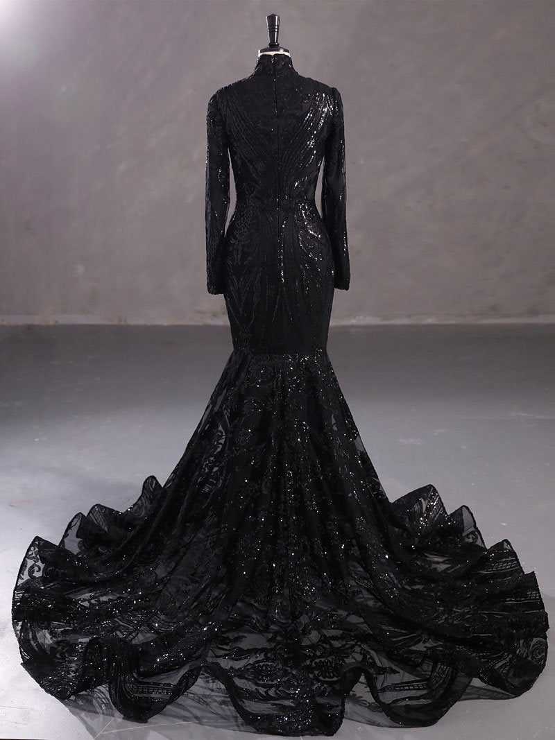 Tish Gothic Wedding Dress – Black Sequin Lace Mermaid Gown with High Neck – A & M Enterprises Bridal