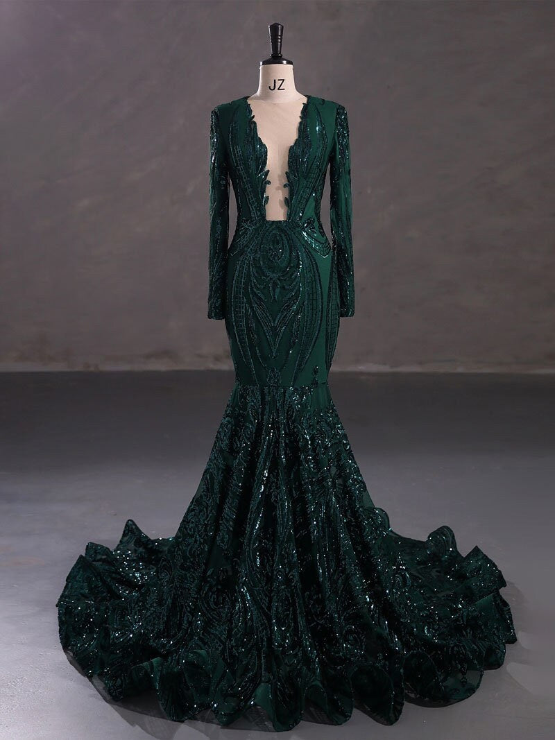 Emerald Green Sexy Fitted Mermaid Wedding Dress Bridal Gown Long Sleeve High Collar Plunge Neckline Closed Covered Back Sequin Fabric