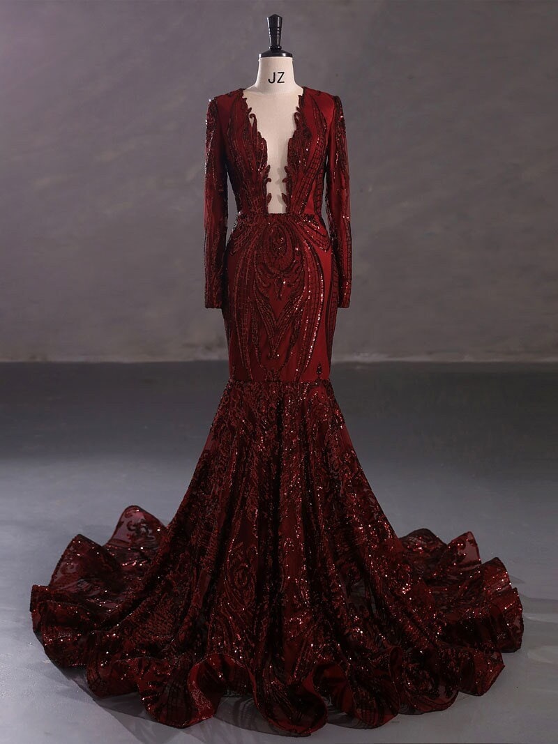 Red Burgundy Orange Sexy Fitted Mermaid Wedding Dress Bridal Gown Long Sleeve High Collar Plunge Neckline Closed Covered Back Sequin Fabric