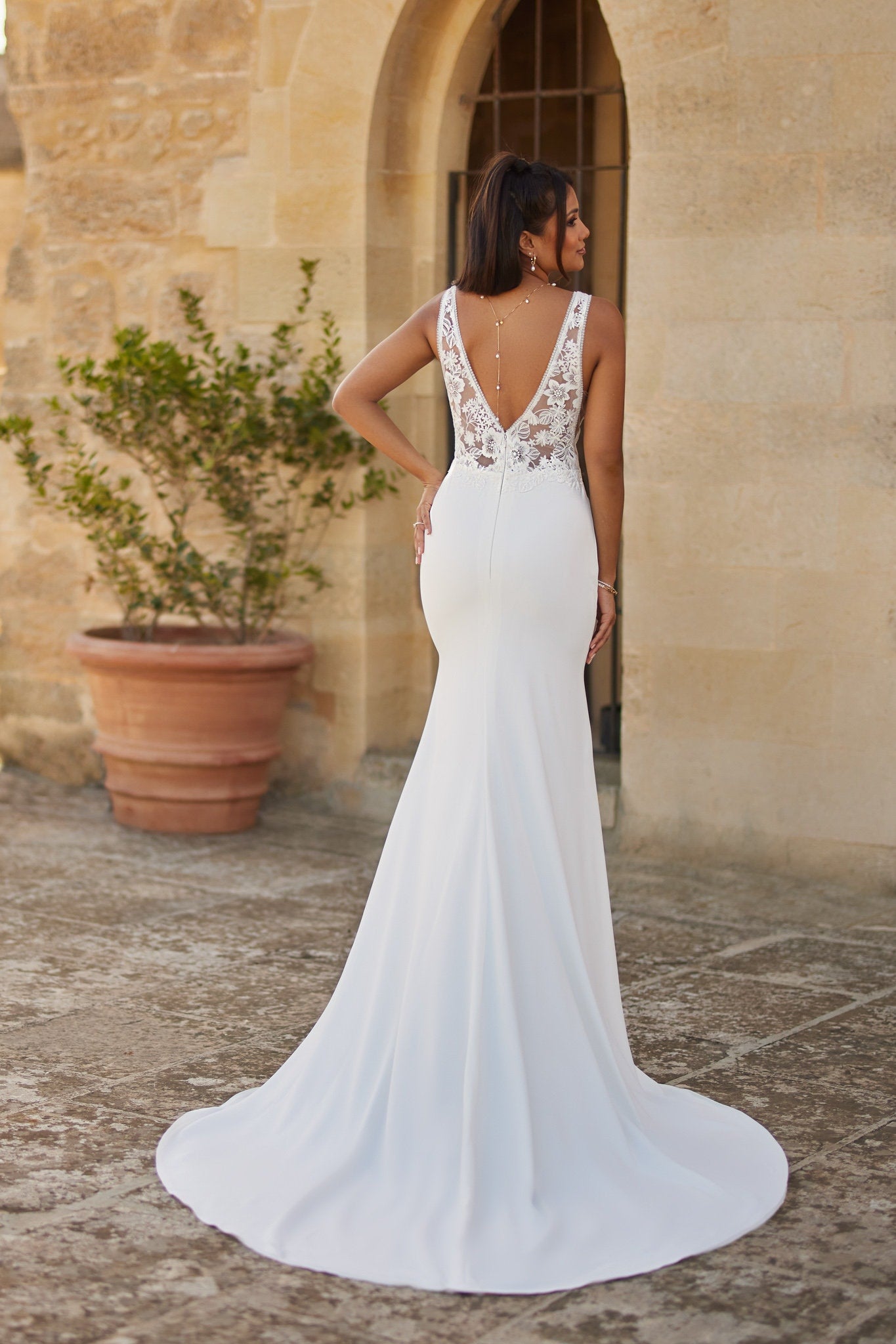 Vesperine Minimalist Lace Fit & Flare Wedding Dress with Open Back A & M Enterprises Bridal Vesperine Minimalist Lace Fit & Flare Wedding Dress with Open Back A & M Enterprises Bridal