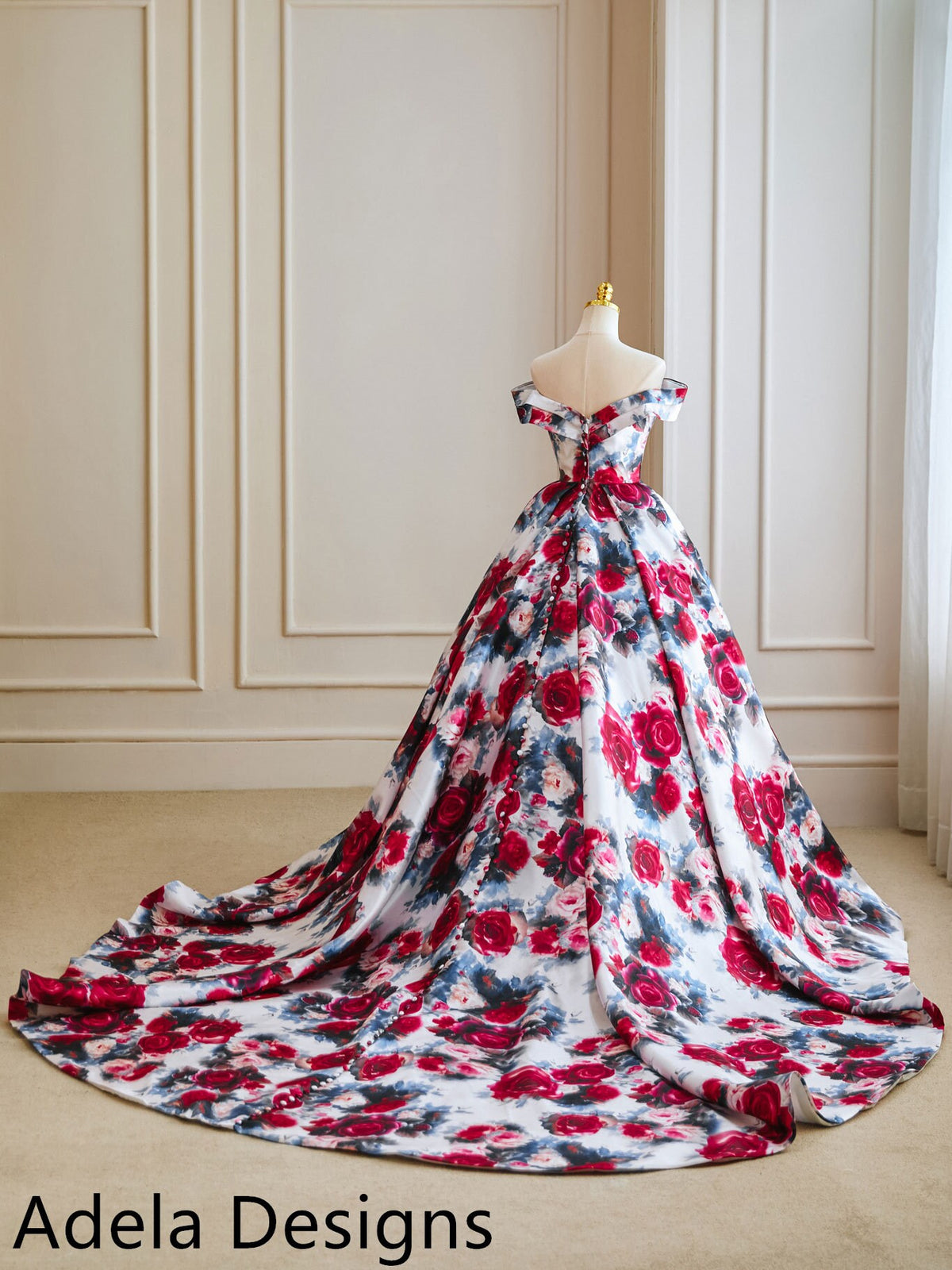 Floral Print Satin Ball Gown Wedding Dress Off the Shoulder Sleeves Bridal Gown Aline Style Open Back Buttons All the Way Down Roses