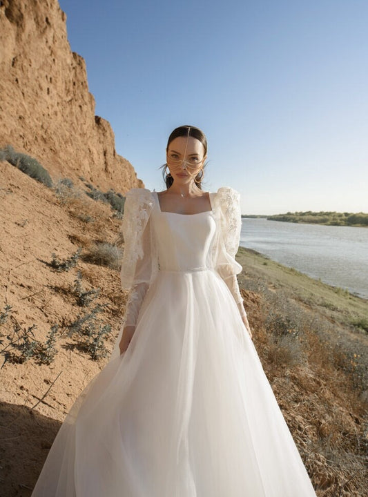 Minimalist Style Square Neckline Aline Wedding Dress Bridal Gown Long Puff Shoulder Sleeves Open V Back with Train Lace Details