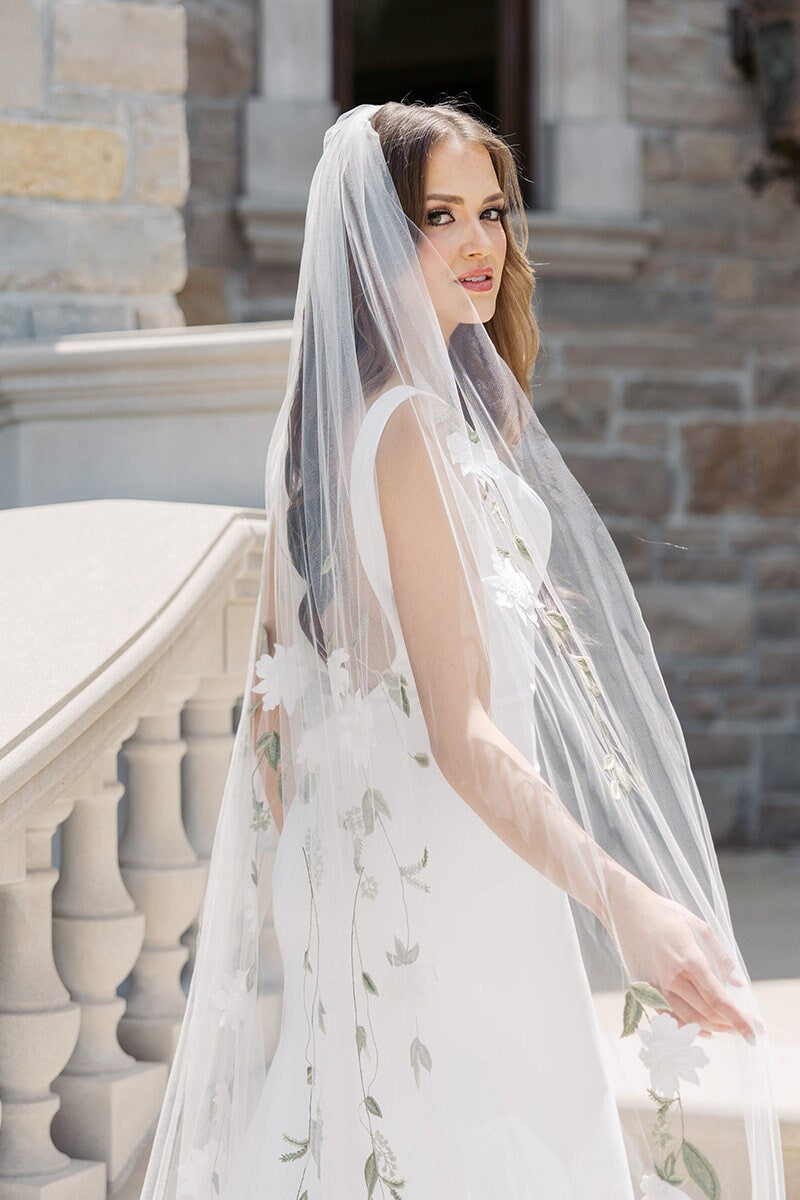 Bridal Veils Embroidered Vines Sage Vines Alabaster Blossoms Wedding Veil Cathedral Length Floral Design with Comb