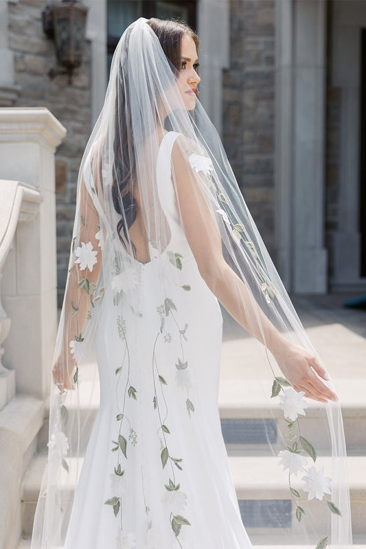 Bridal Veils Embroidered Vines Sage Vines Alabaster Blossoms Wedding Veil Cathedral Length Floral Design with Comb