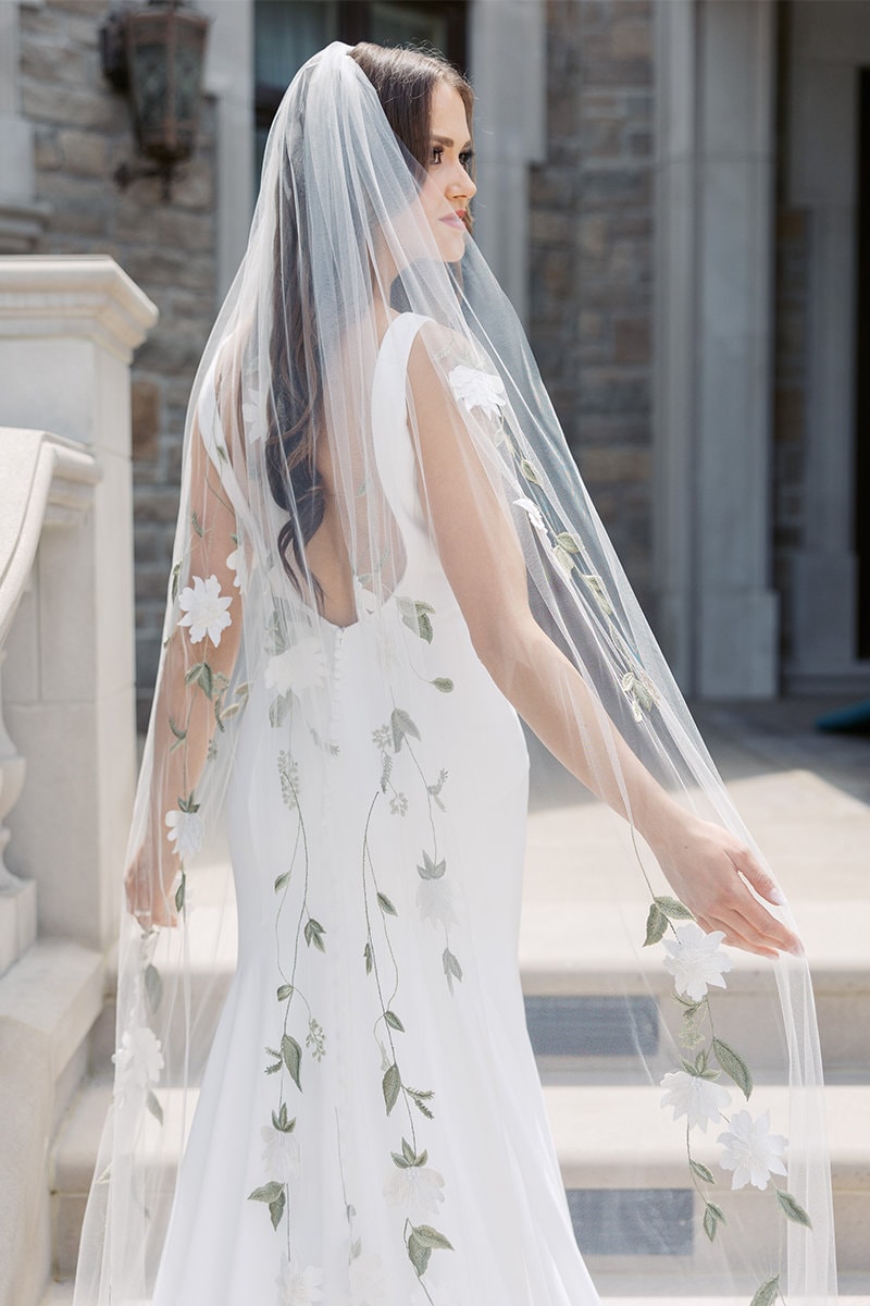 Bridal Veils Embroidered Vines Sage Vines Alabaster Blossoms Wedding Veil Cathedral Length Floral Design with Comb