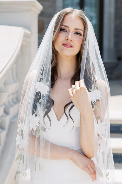 Bridal Veils Embroidered Vines Sage Vines Alabaster Blossoms Wedding Veil Cathedral Length Floral Design with Comb