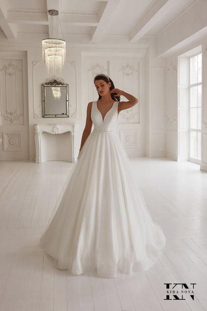 Classic Minimalist Sleeveless Open Sides Wedding Dress Off White Bridal Gown Full Aline Sweep Train Zipper Back Dress V Neckline Sparkle