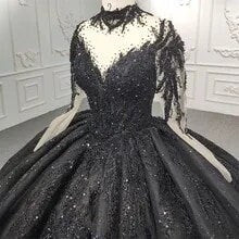 Black Wedding Dress Gothic, Black Ball Gown Wedding Dress Long Sleeve, Luxury Beaded Black Wedding Gown Bling Tulle, Alternative Bride Dress
